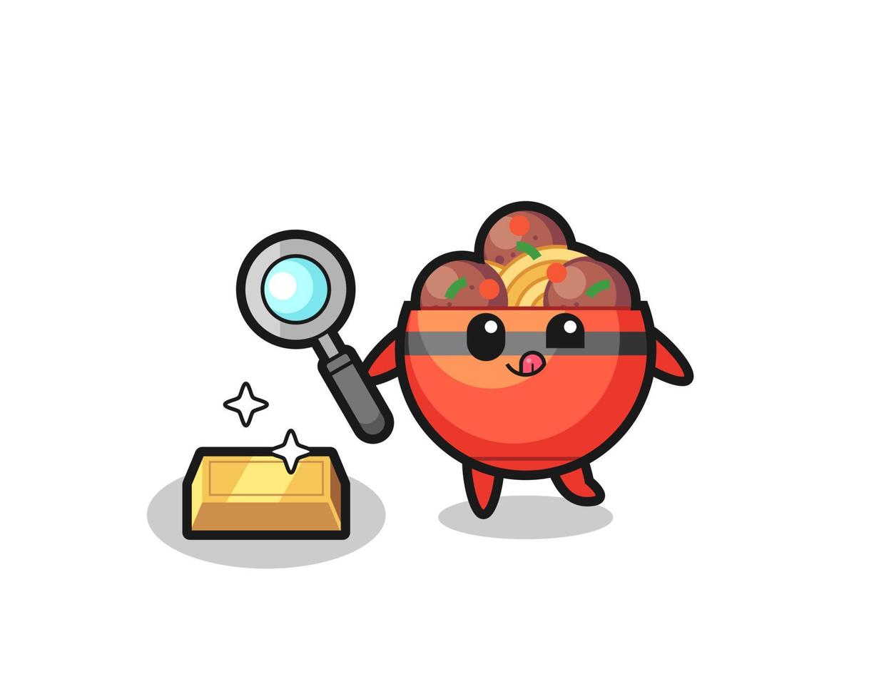 meatball bowl character is checking the authenticity of the gold bullion vector