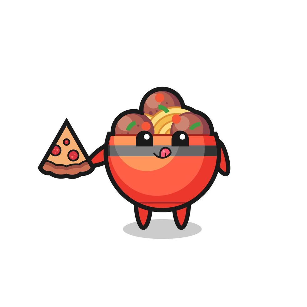 cute meatball bowl cartoon eating pizza vector
