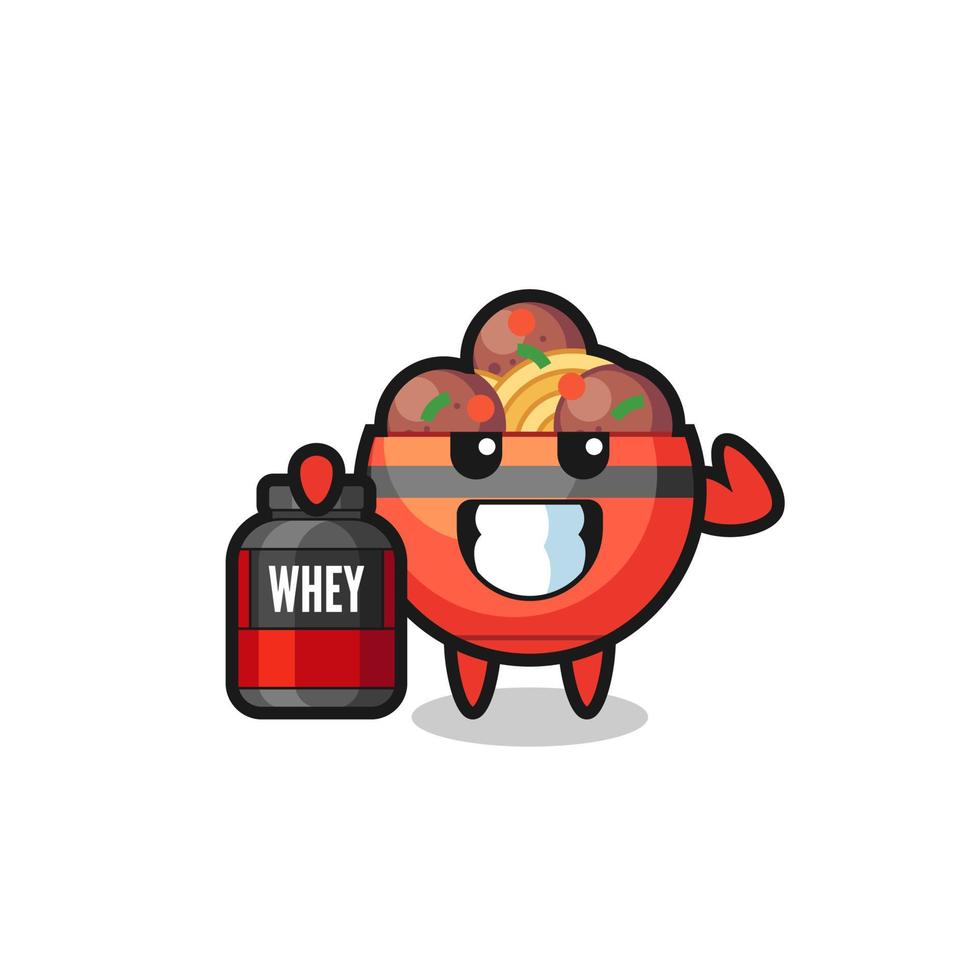 the muscular meatball bowl character is holding a protein supplement vector