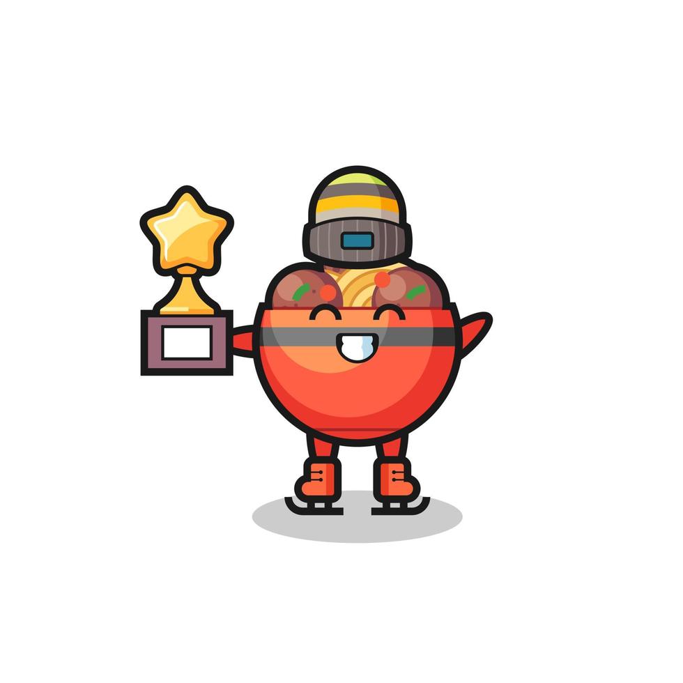 meatball bowl cartoon as an ice skating player hold winner trophy vector