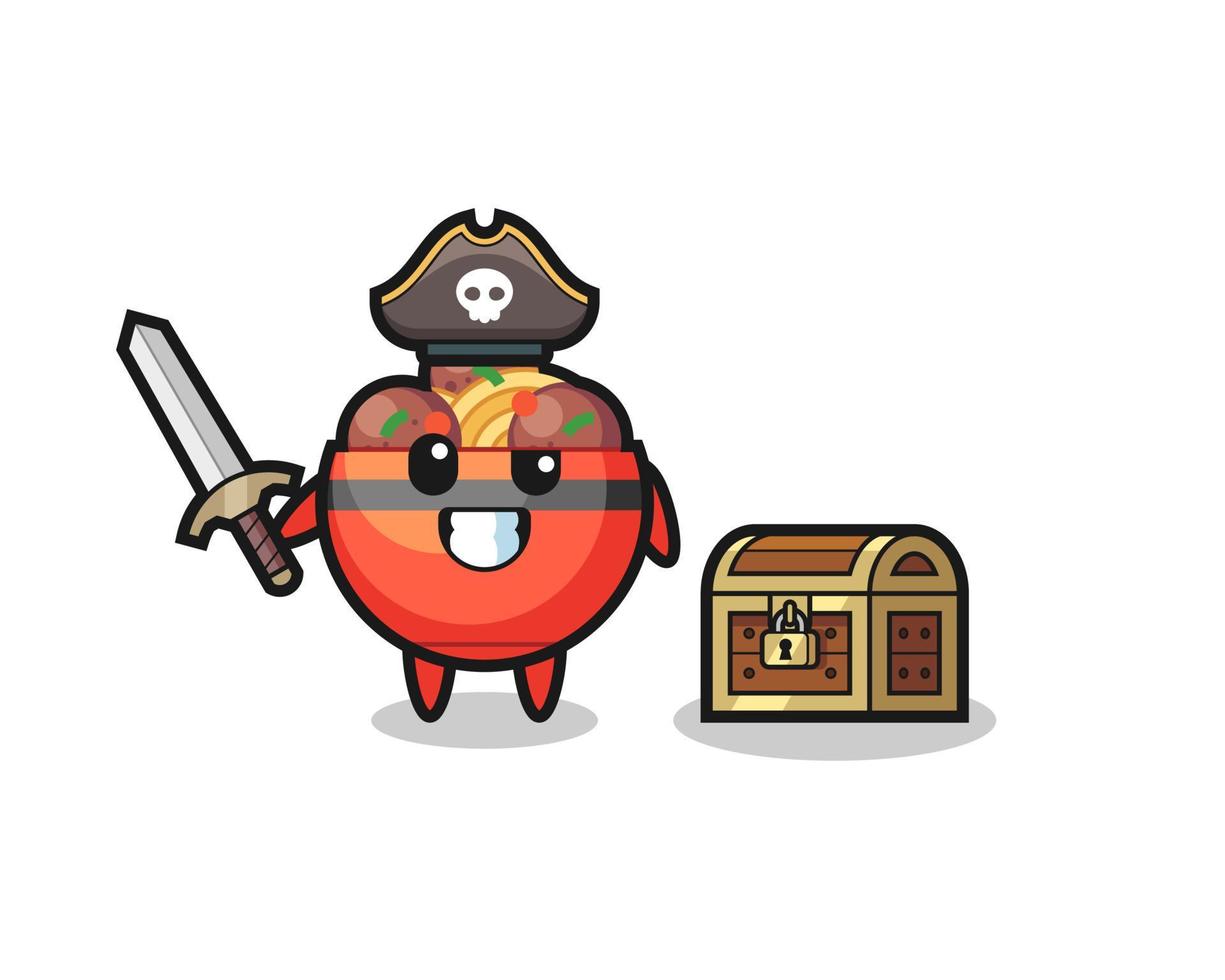 el personaje pirata del cuenco de albóndigas sosteniendo una espada junto a una caja del tesoro vector