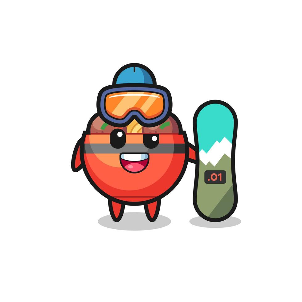 Illustration of meatball bowl character with snowboarding style vector