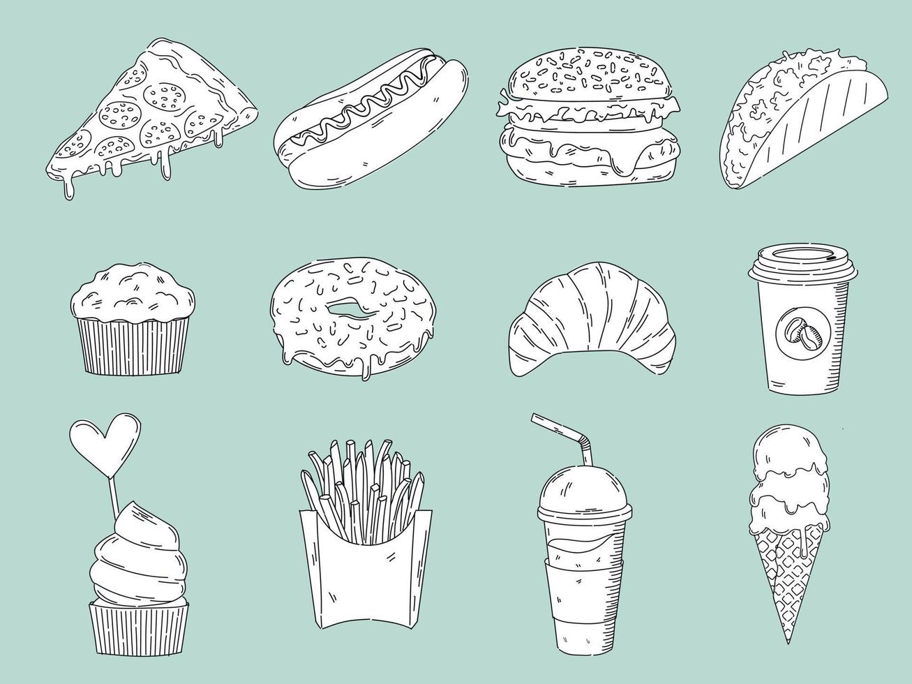conjunto de comida para llevar en blanco y negro. ilustración vectorial dibujada a mano - comida rápida vector