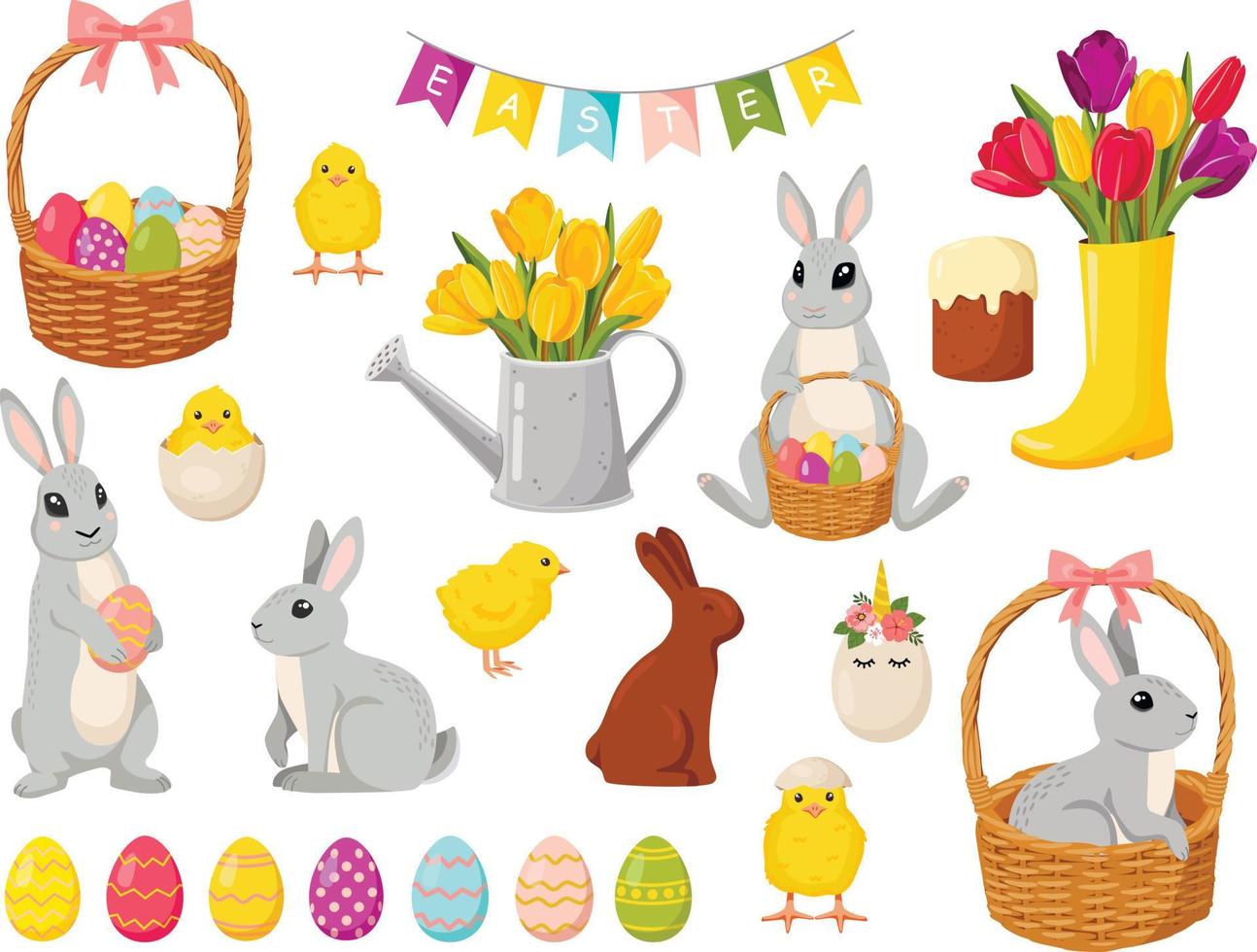 Set of cute Easter cartoon characters and design elements. Easter bunny, chickens, eggs, and flowers. Vector illustration.