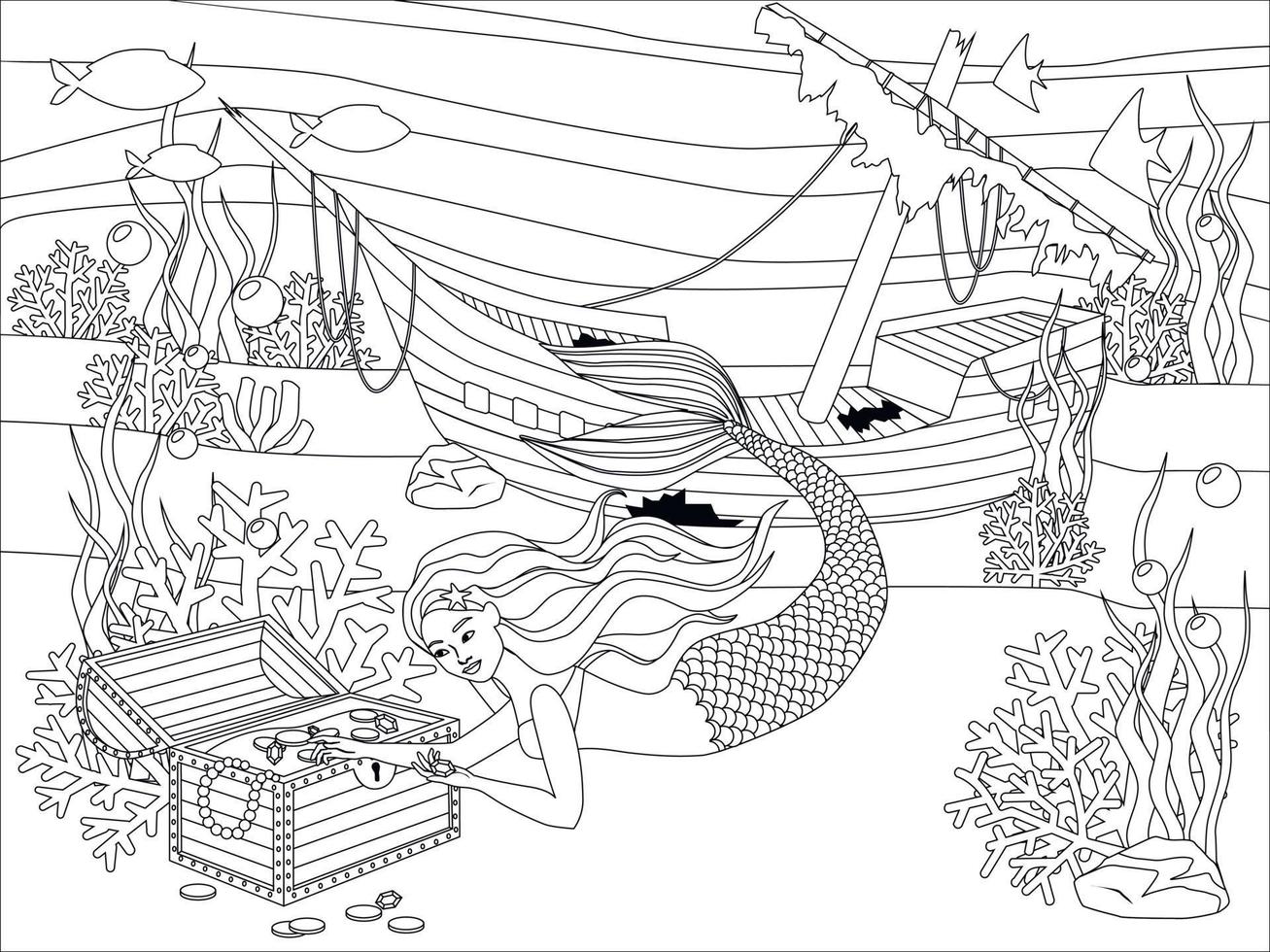 Mermaid, wrecked ship, and underwater treasure. Black and white vector illustration for coloring book