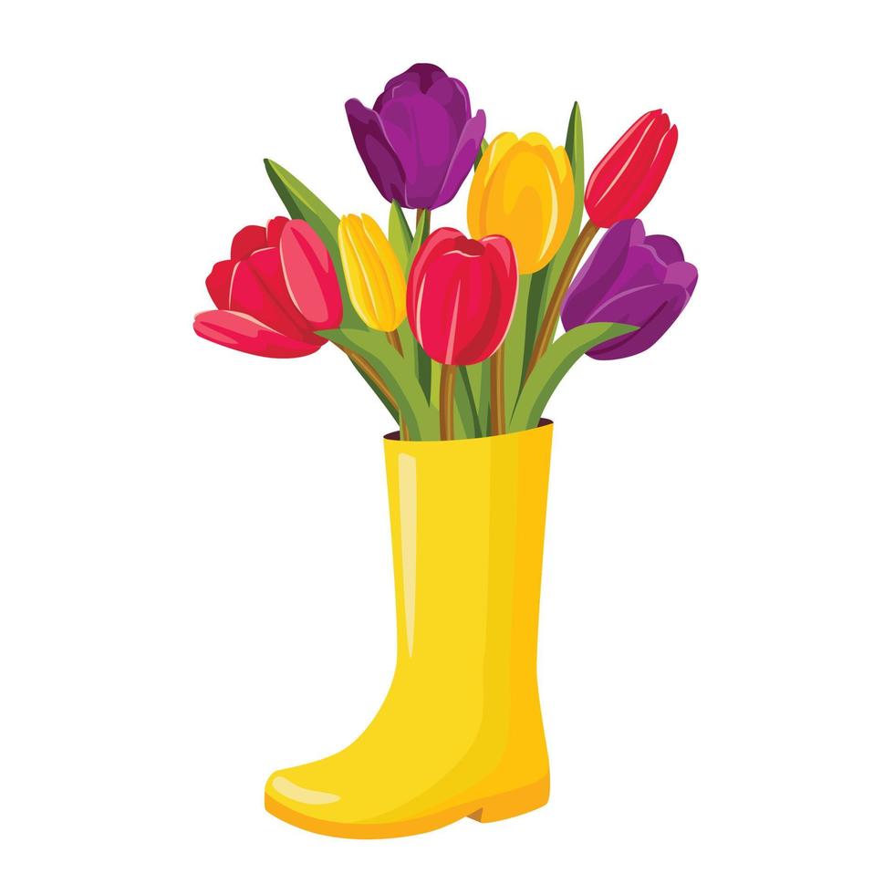 Colorful bright tulips in yellow rubber boots. Vector illustration