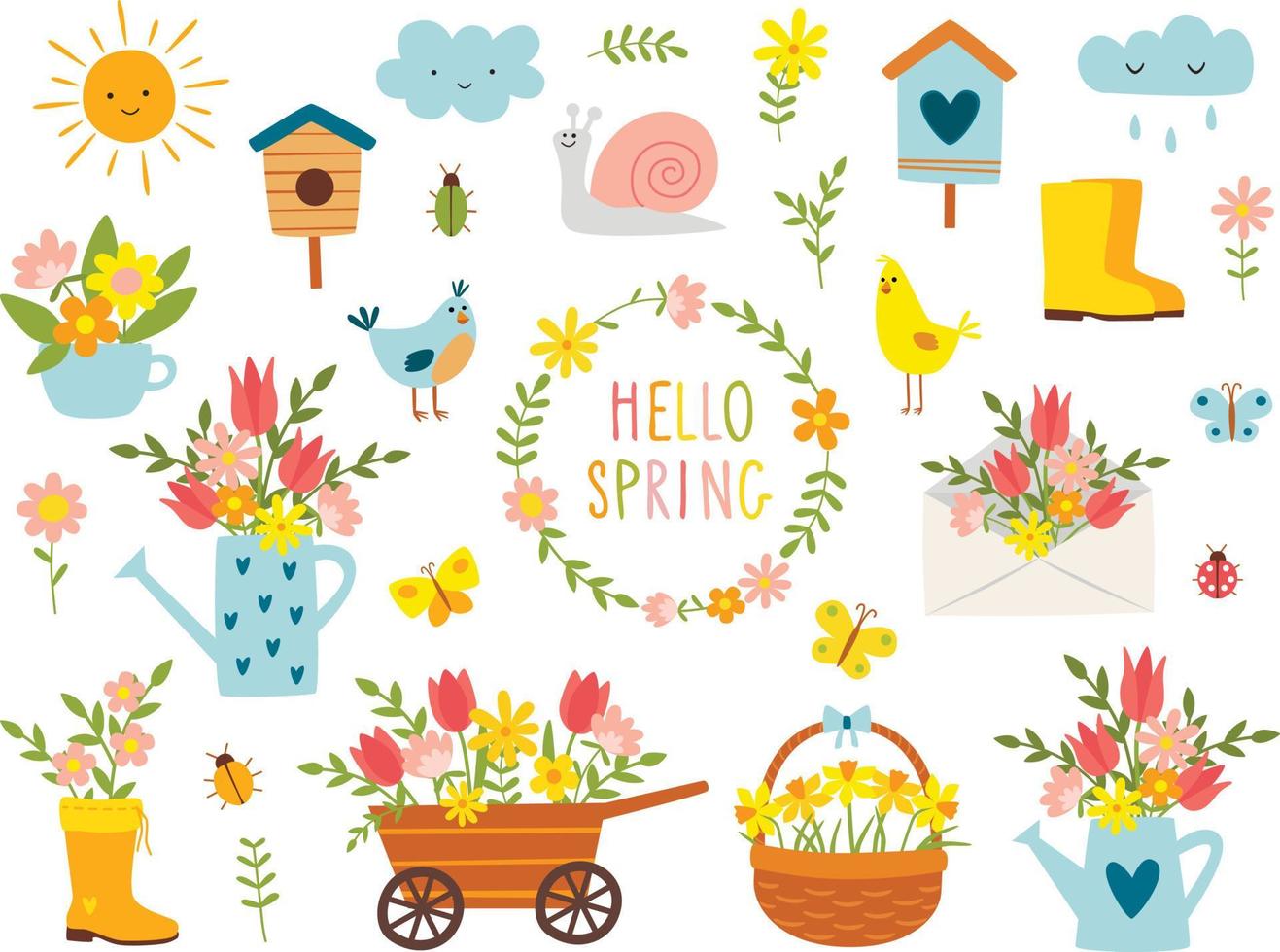 Set of garden spring cartoon design elements. Vector illustration.