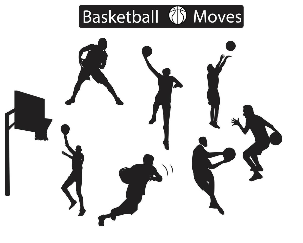 un conjunto de iconos de silueta de movimiento de baloncesto vector