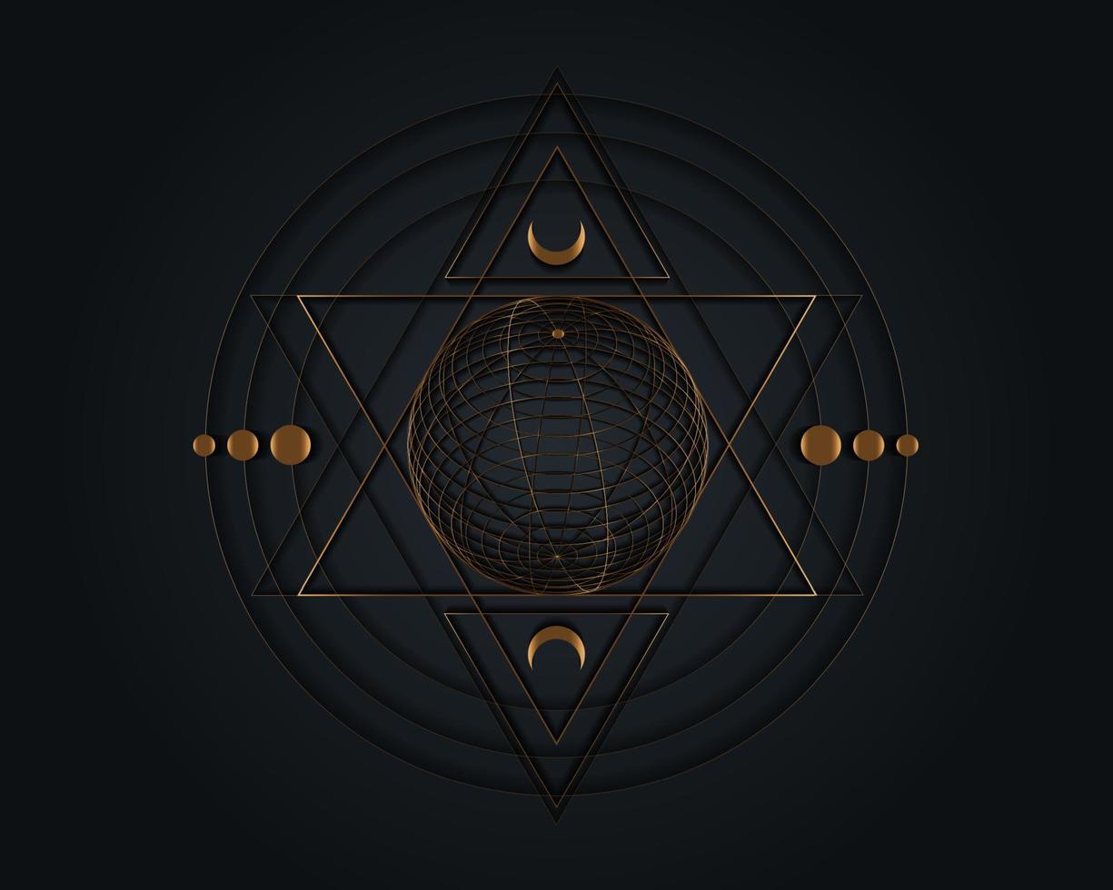 Gold Mystical sacred geometry symbol.  alchemy magic wireframe sphere, occult, philosophical sign. For music album cover, sacramental design. Astrology, religion concept. Vector isolated on black
