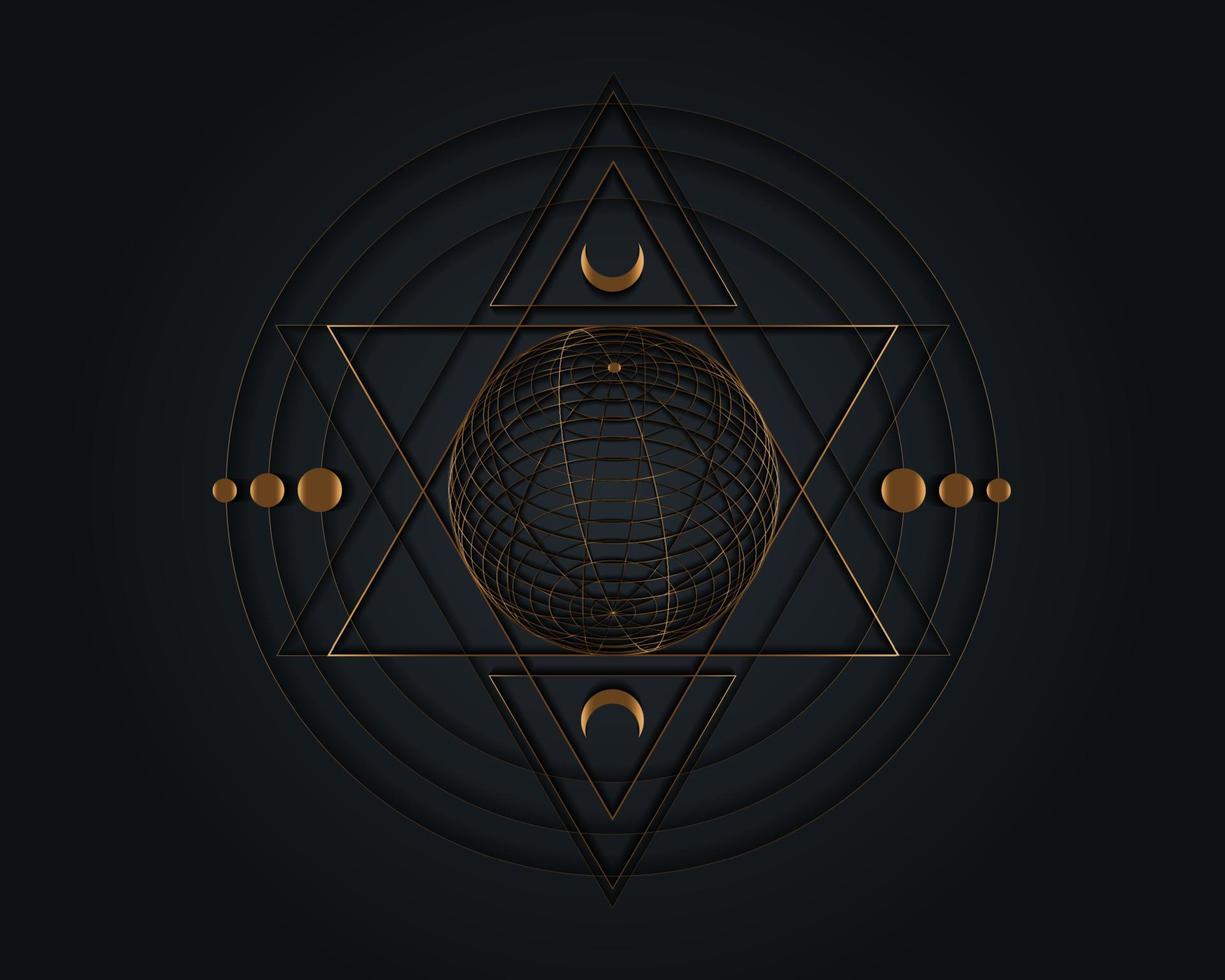 Gold Mystical sacred geometry symbol.  alchemy magic wireframe sphere, occult, philosophical sign. For music album cover, sacramental design. Astrology, religion concept. Vector isolated on black