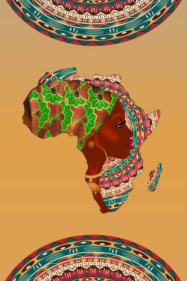 pancarta de mujer africana, silueta de perfil facial con turbante en forma de mapa de áfrica. plantilla de diseño de logotipo tribal de impresión afro colorida. ilustración vectorial aislado sobre fondo de colores vector