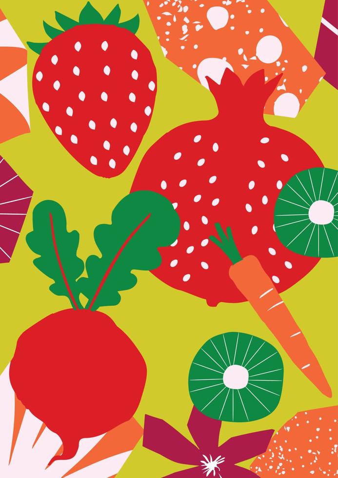Exotic fruits and vegetables poster. Summer tropical design with strawberry, pomegranate, kiwi, carrot, beetroot colorful mix. Healthy diet, vegan food background vector illustration