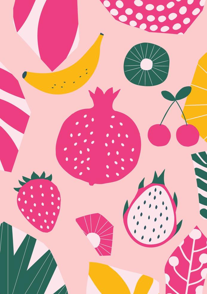 cartel de frutas exóticas. diseño tropical de verano con frutas, plátano, fresa, granada, pitaya, cereza, mezcla de colores kiwi. dieta saludable, ilustración de vector de fondo de comida vegana