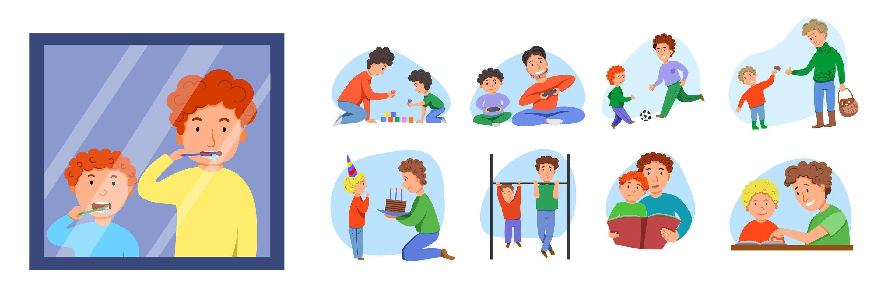 A set of entertainment activities for father and son. Birthday greetings, going to the forest for mushrooms, playing sports on a horizontal bar, brushing your teeth. vector