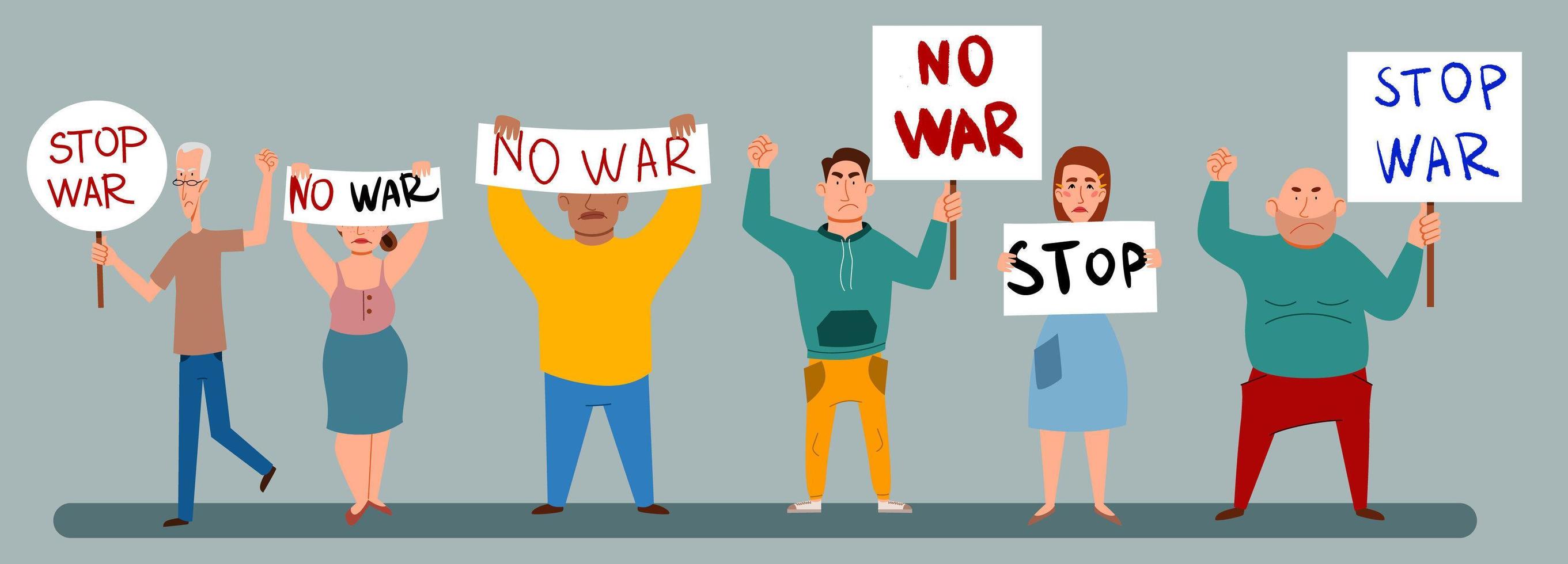 Protesting crowd of people with posters No to war. vector illustration