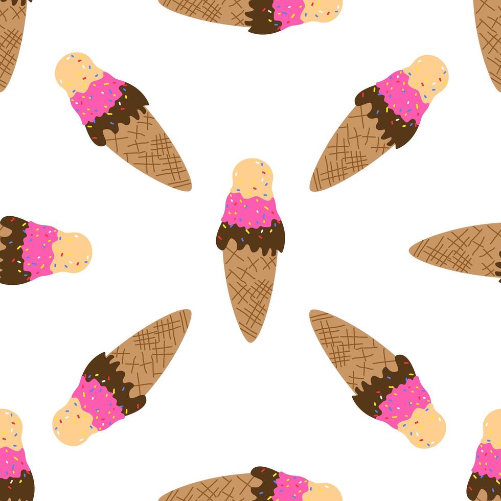 Vector seamless pattern of a simple flat ice cream cone. Melted cream, chocolate, strawberry ice cream with powdered sugar.