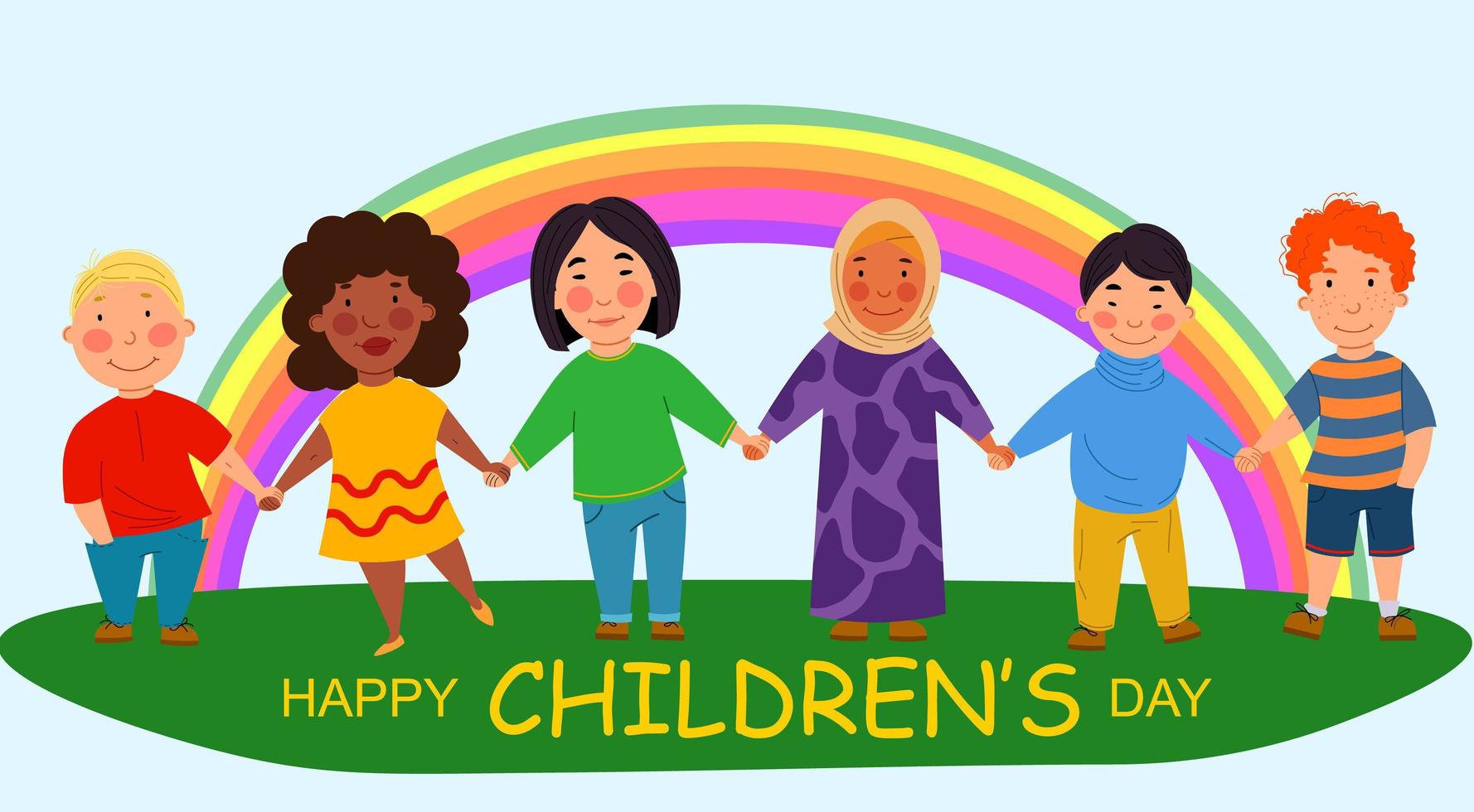 Children is Day, a greeting card for June 1, holding hands on the field. Children of different nationalities. vector
