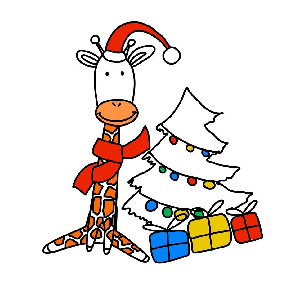 una jirafa feliz está sentada con regalos cerca del árbol de navidad, aislada al estilo de los garabatos. vector