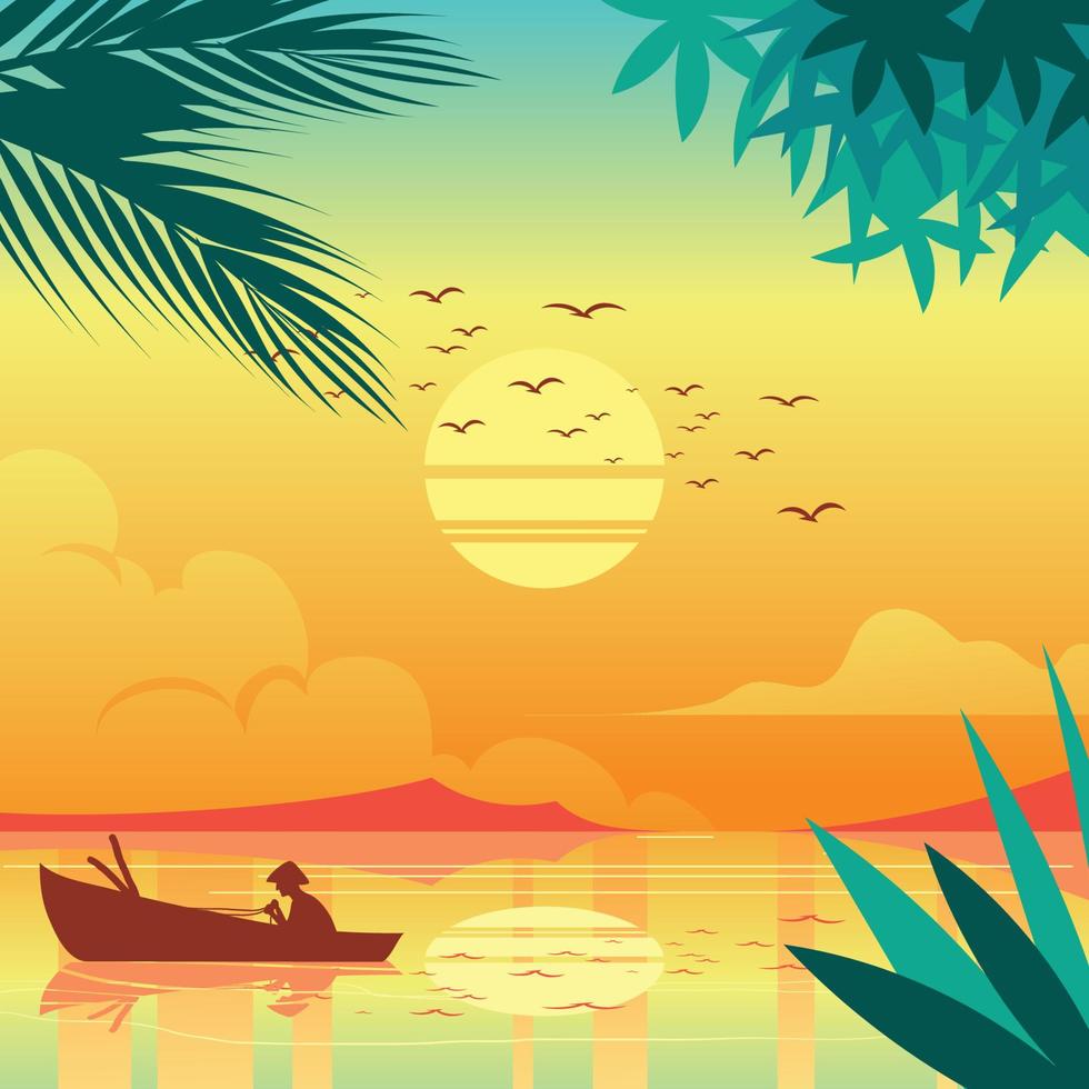 Sunset with Fisherman Silhouette vector