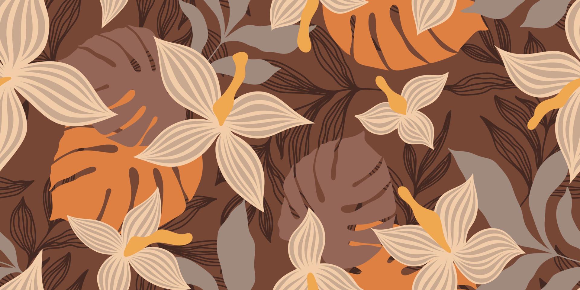 VECTOR SEAMLESS BROWN BANNER WITH BEIGE FLOWERS AND COLORFUL TROPICAL LEAVES