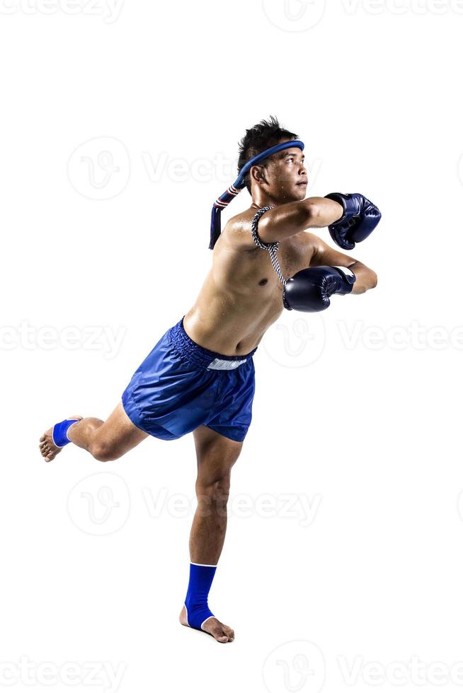 Thai boxer with thai boxing action, isolated on white background photo