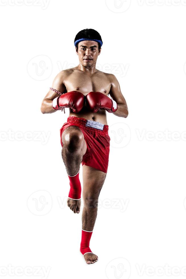 Muay thai, Asian man exercising thai boxing isolated on white background photo