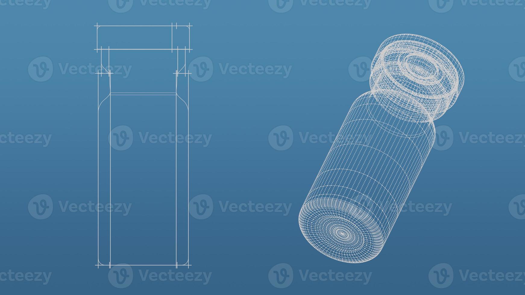vaccine 3d blueprint mesh model  on a blue background. Front view orthographic  and perspective free style render, 3d rendering photo