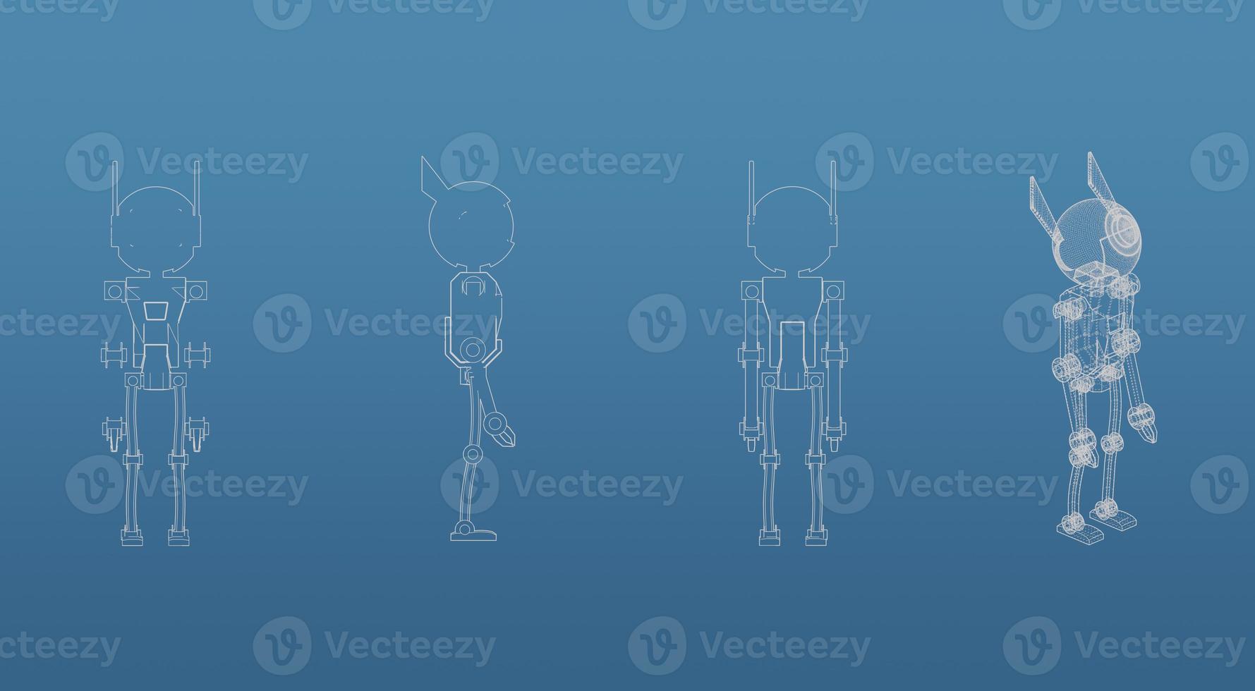 Robot 3d blueprint mesh model  on a blue background. Front view orthographic  and perspective free style render, 3d rendering photo
