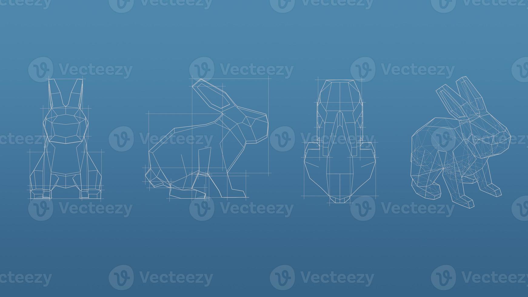 Rabbit 3d blueprint mesh model  on a blue background. Front view orthographic  and perspective free style render, 3d rendering photo