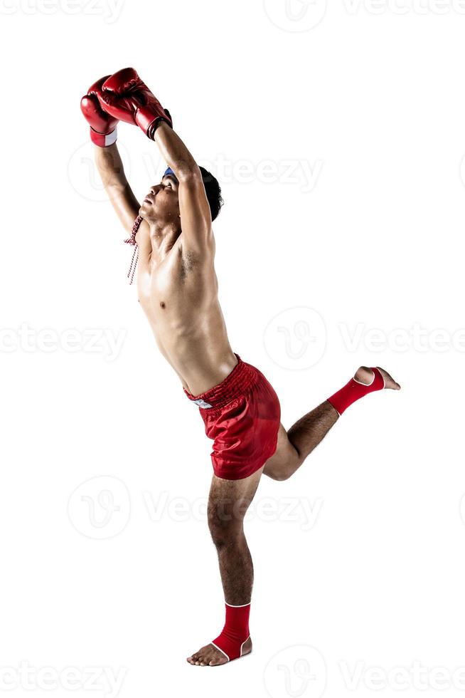 Muay thai, Asian man exercising thai boxing isolated on white background photo