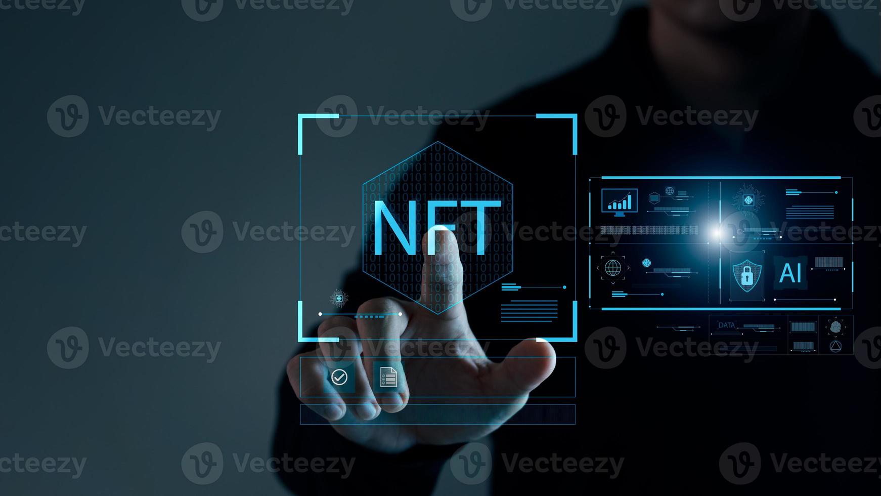 businessman finger touch virtual screen, NFT token digital crypto art blockchain technology concept. photo