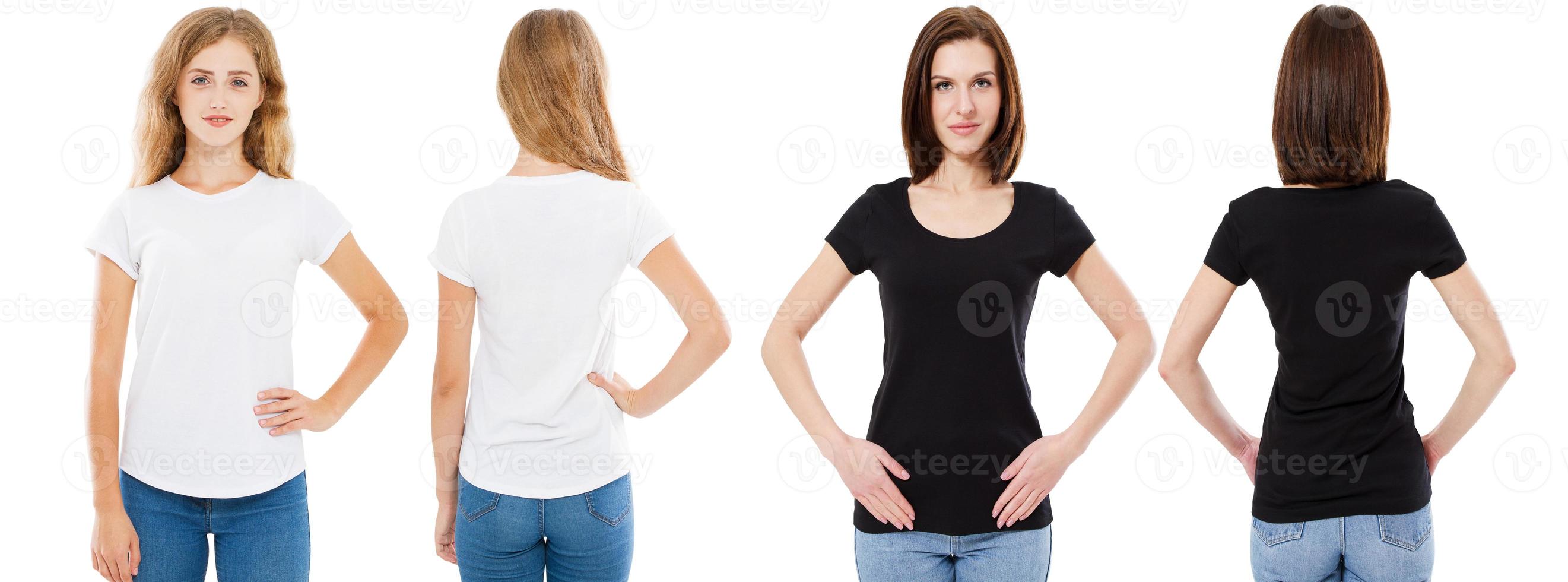 T-shirt set. Front and back view Brunette and Blonde in white and black t shirt isolated. Two girl in blank shirt, Mock up, Collage, Copy space, Template photo