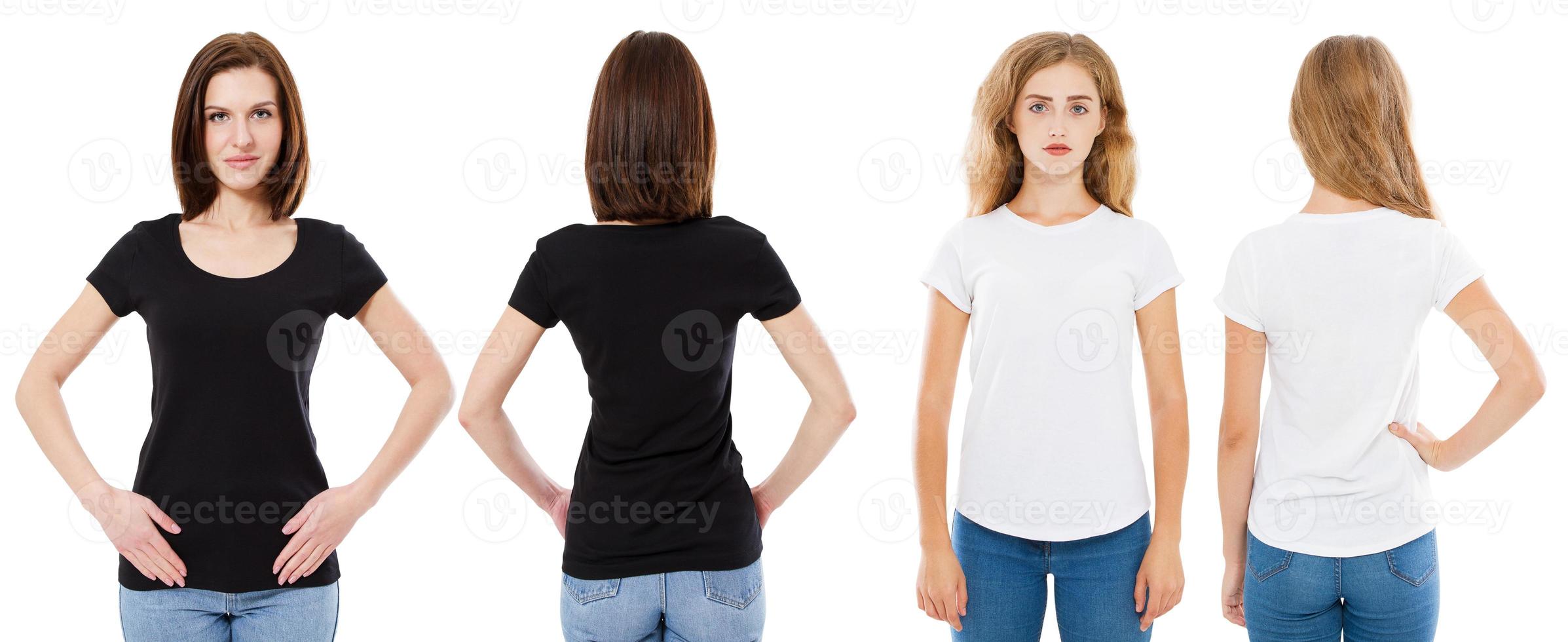 T-shirt set. Front and back view Brunette and Blonde in white and black t shirt isolated. Two girl in blank shirt, Mock up, Collage, Copy space, Template photo