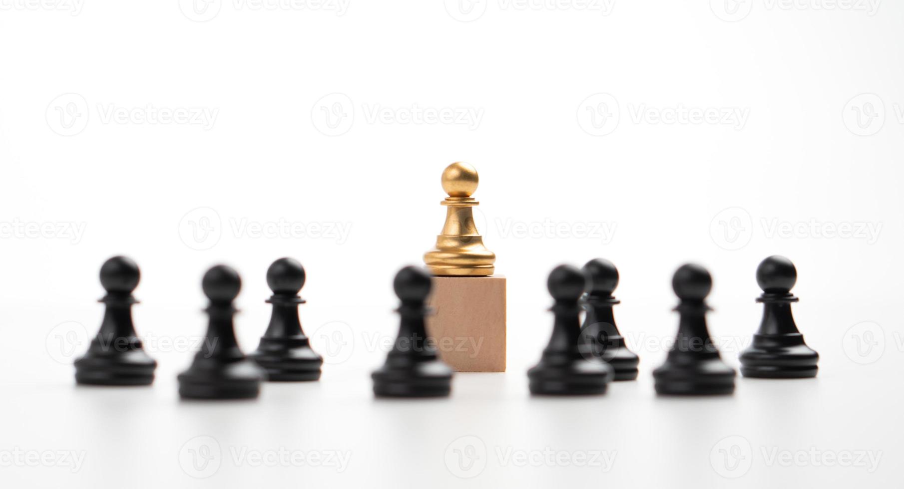 The leadership of the Golden chess pawn standing on the box show influence and empowerment. Concept of business leadership for leader team, successful competition winner and Leader with strategy photo