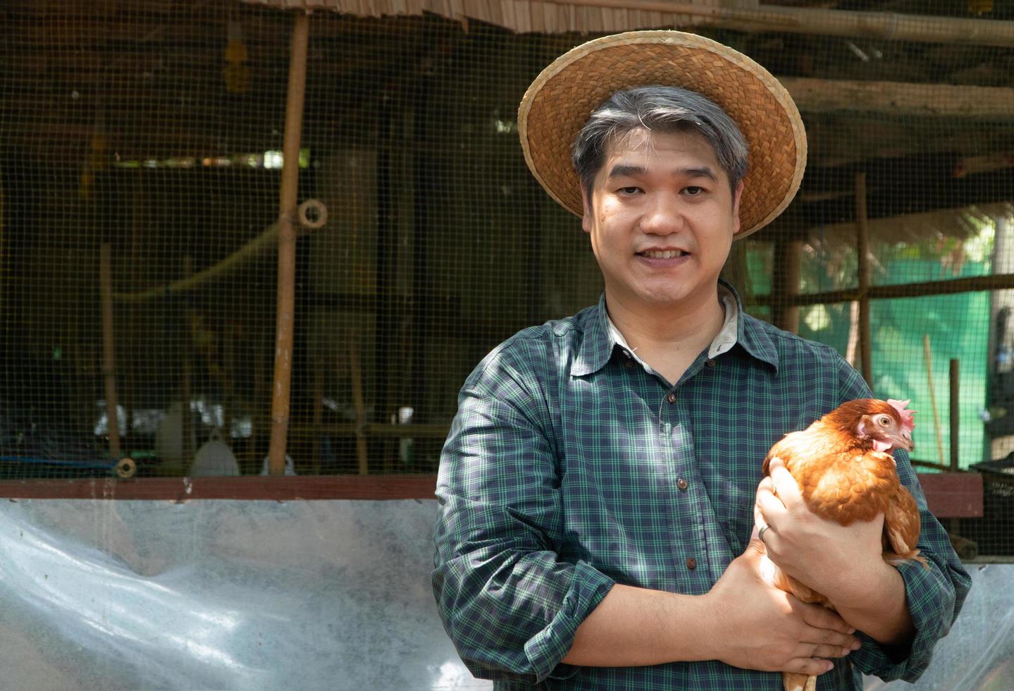 los granjeros asiáticos tienen gallinas. en una granja de pollos en su propia área de origen con un gesto feliz foto