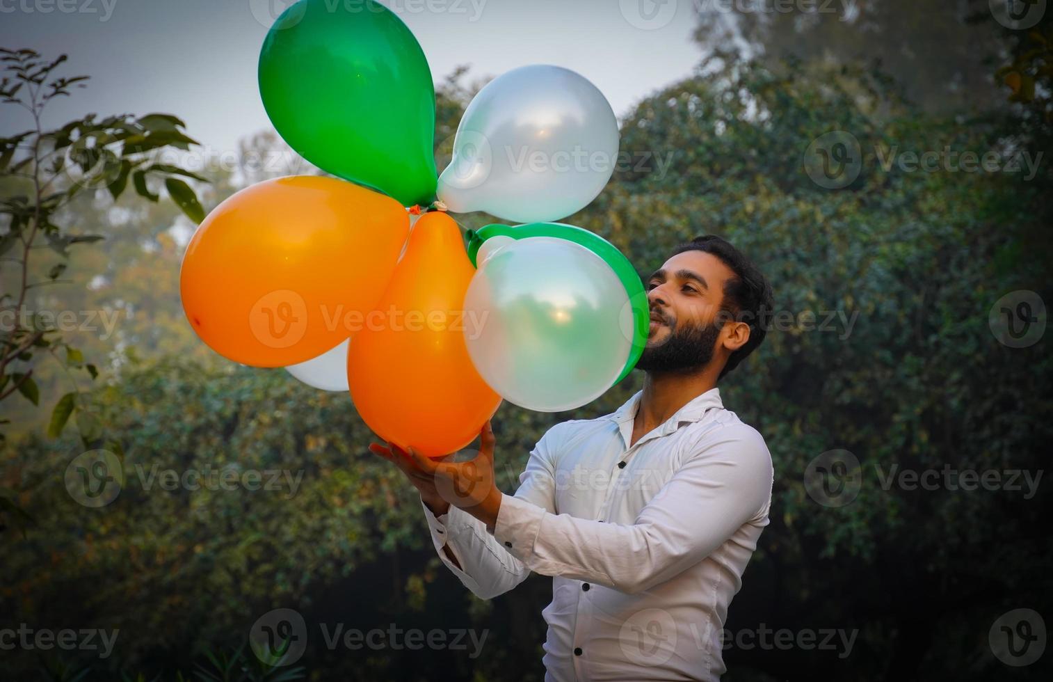 Indian Independence Day image with colorful balloons in colors of Indian flag photo