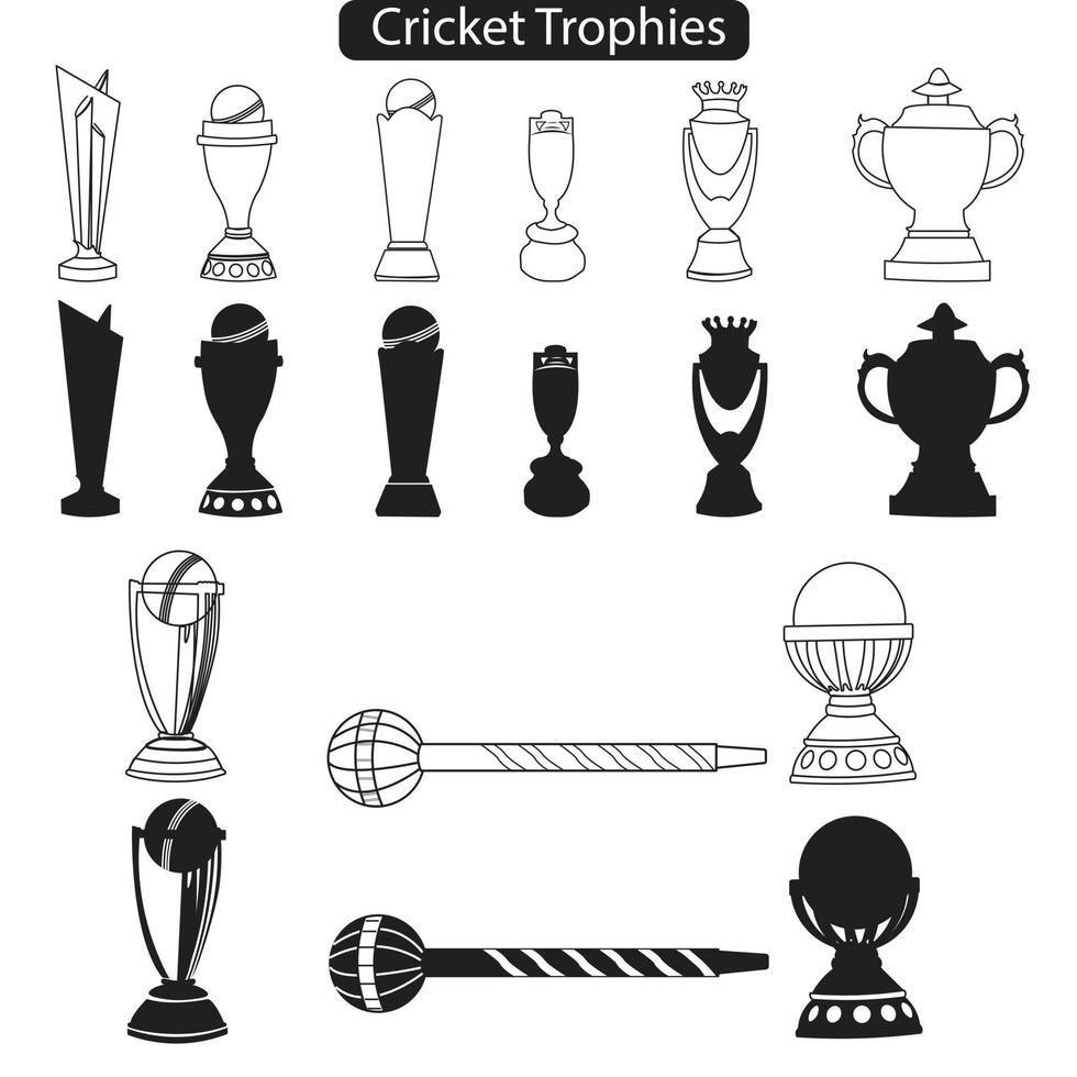 A set of cricket trophy line icons and silhouette vector