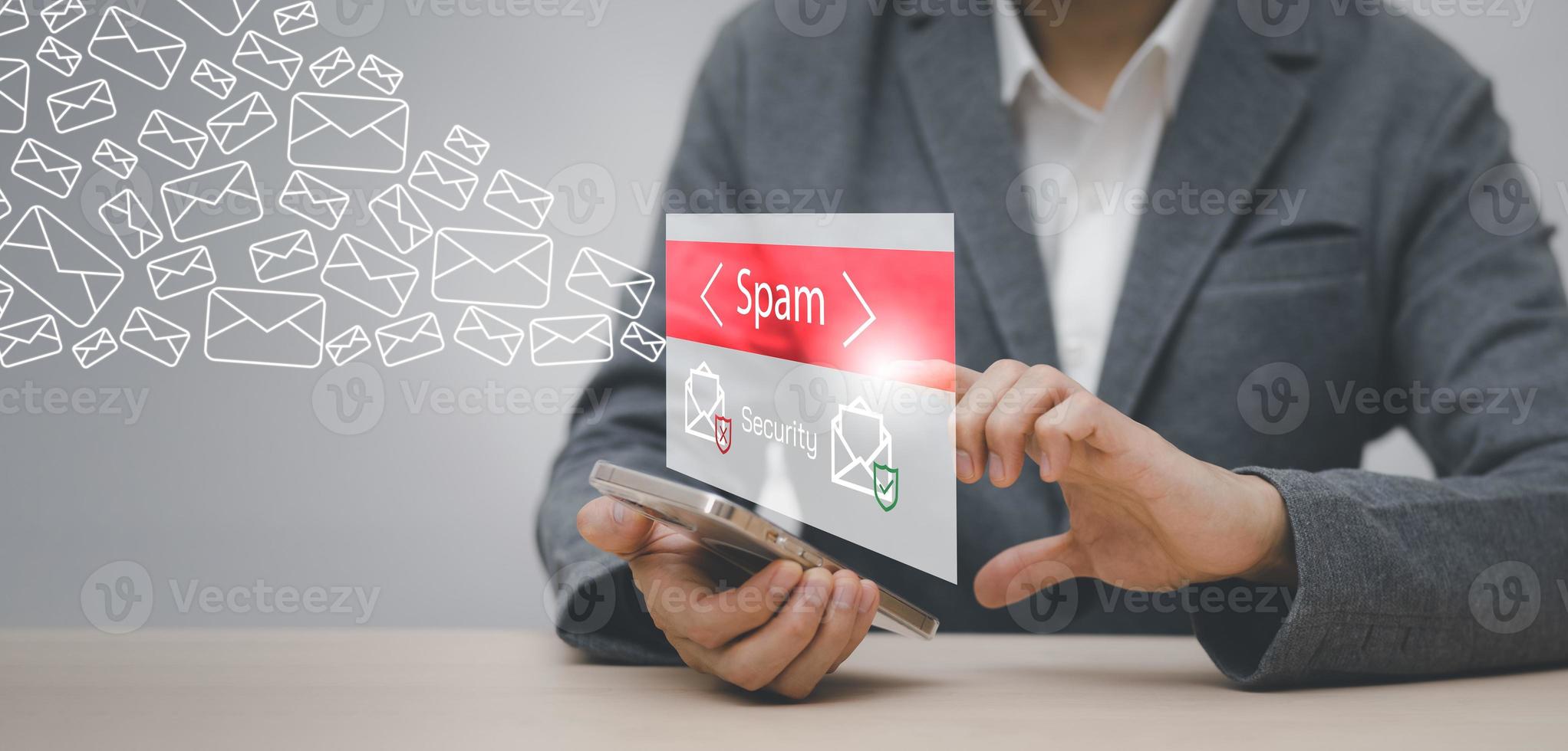 Email concept with laptop spam and virus computer monitor internet security concept, businessman reading electronic mail with a laptop. Spam, junk and e-marketing on screen, Spam Email Pop-up Warning. photo