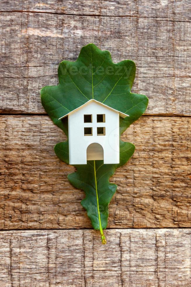 Toy House and green oak leaf on wooden background photo