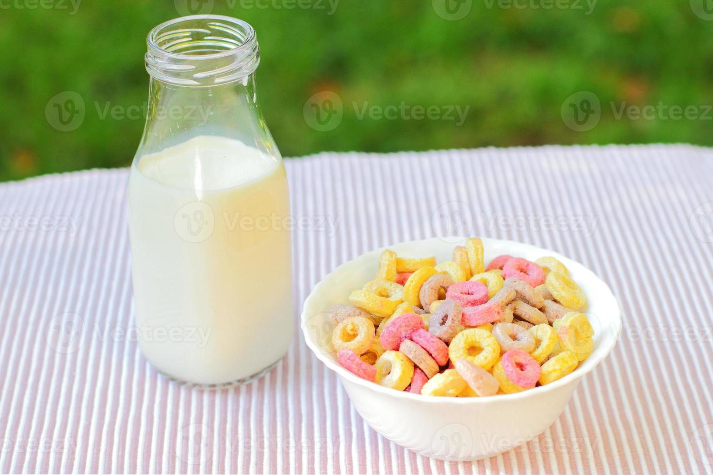 Bowls with different sorts of breakfast cereal products, white bowls with morning meal photo
