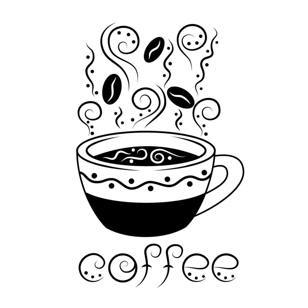 taza de café con la inscripción café en diseño en blanco y negro. imagen para decorar volantes, folletos, invitaciones, logo o menú de café. ilustración vectorial de la vendimia. vector