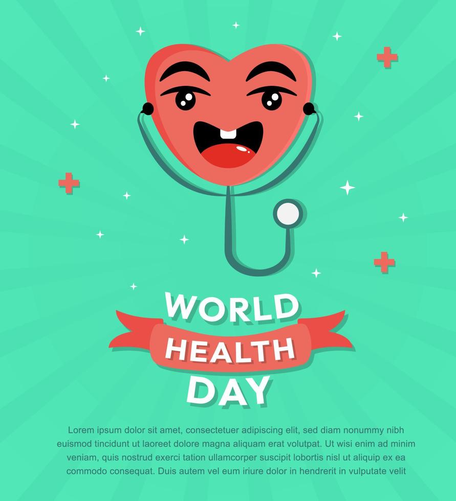 dibujos animados del corazón del día mundial de la salud con estetoscopio, diseño de ilustraciones vectoriales vector