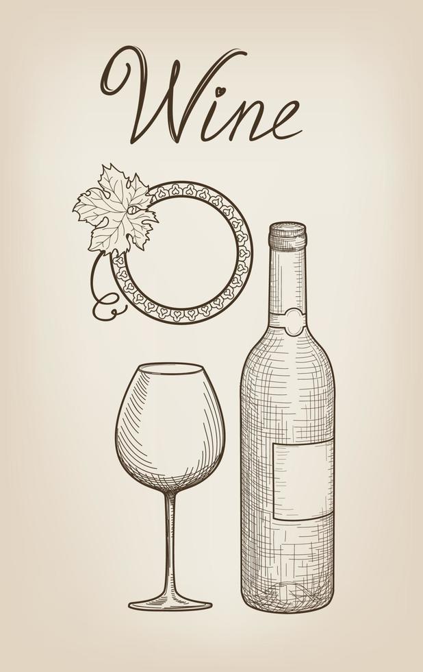 juego de bebidas de vino. pancarta del menú de la barra de café. copa de vino, botella, letras. fondo de tarjeta de vino vector