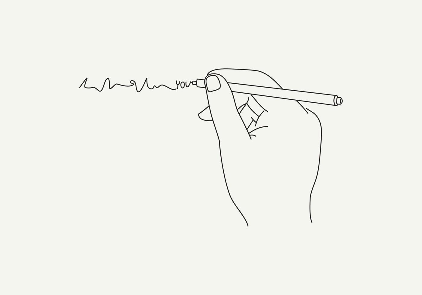 Writing hand. Human hand holding pen and writing curved line with lettering you. Outline vector illustration.