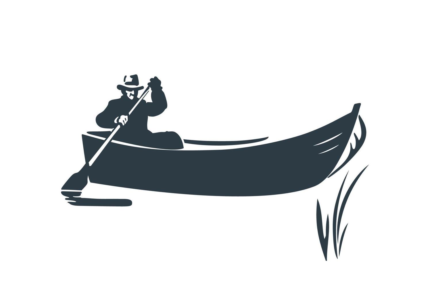 Silhouette of a man rowing boat on lake. Professional adult fisherman. Isolated on a white background. Vector illustration.