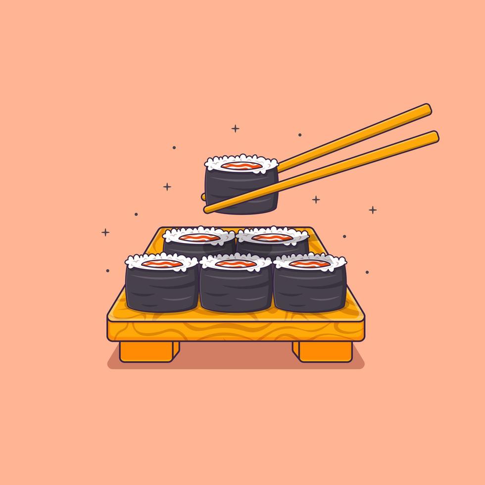 Maki roll with salmon fish on chopsticks Illustration vector