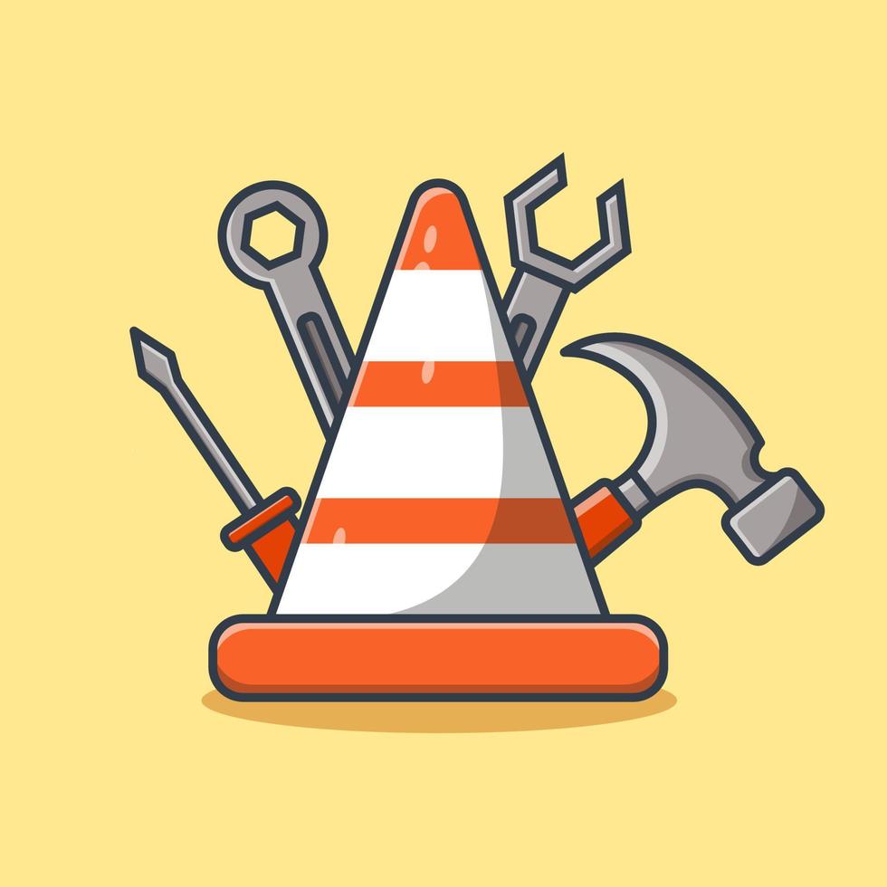 Traffic cone and heavy work tools cartoon vector