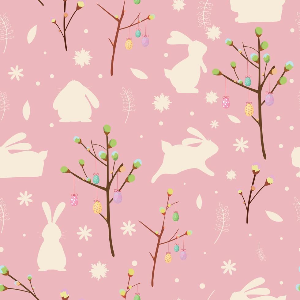 Easter seamless pattern with bunnies and Easter trees decorated with painted eggs. vector