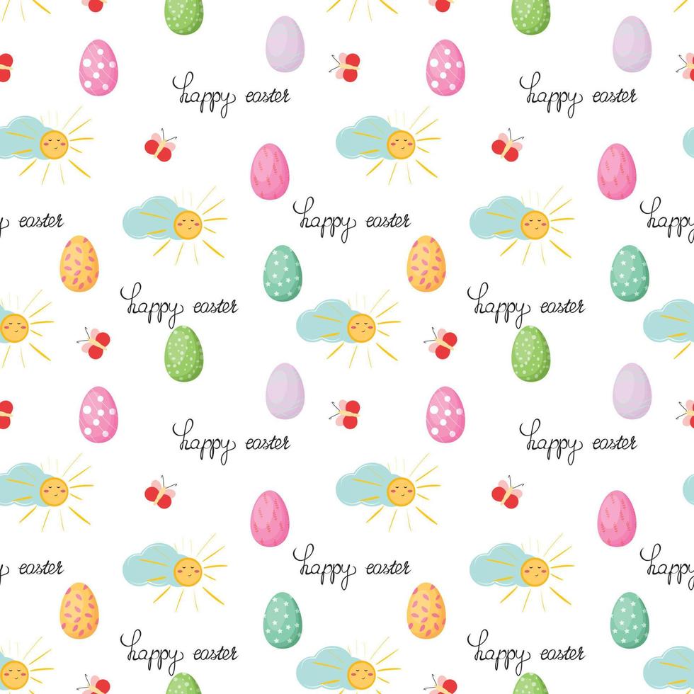 Easter seamless pattern with eggs, clouds, sun, butterfly. For textile, wrapping paper, packaging. Vector pattern.