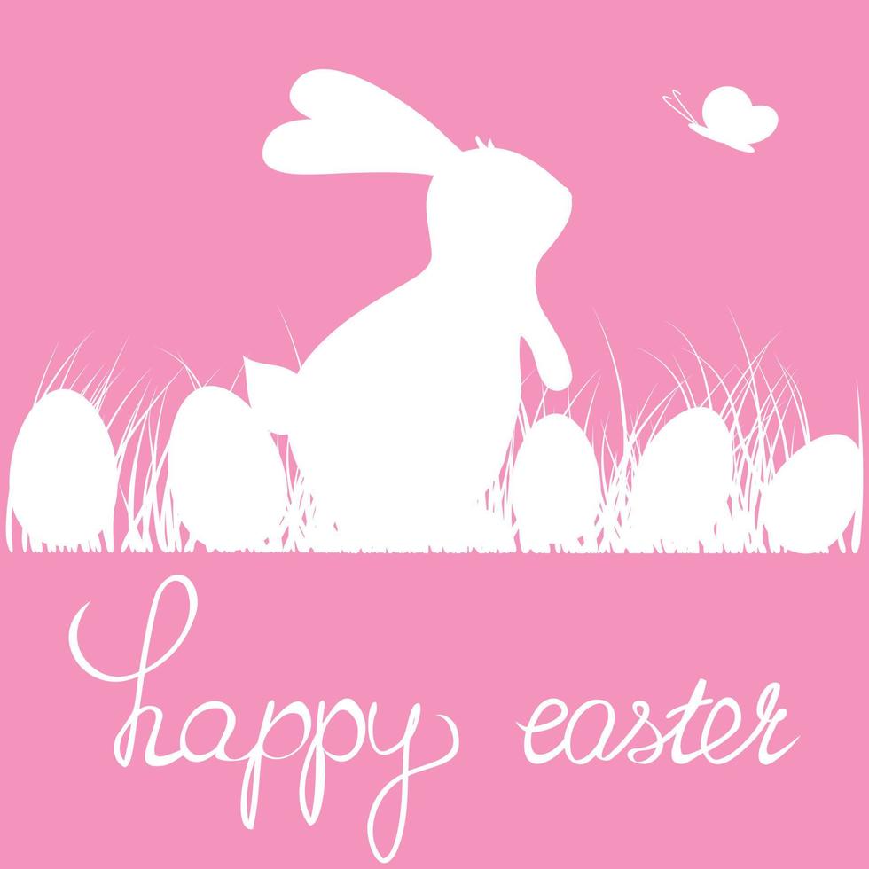 Silhouette of cute white bunny sitting in the grass on pink background. vector